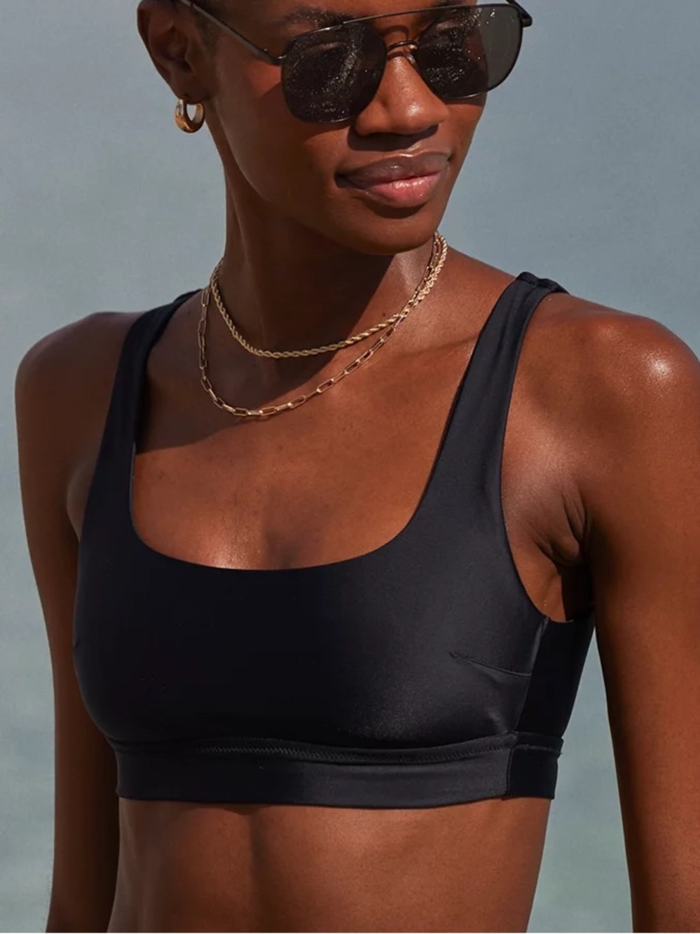 Aerie Ribbed Banded Wide Strap Scoop Bikini Top Swimsuit Black Size Large